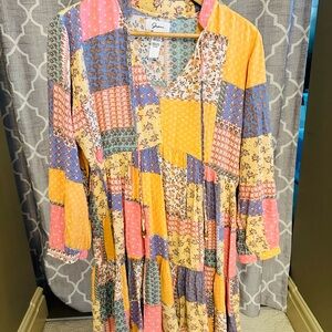 Floral and Geometric Patchwork Print Dress